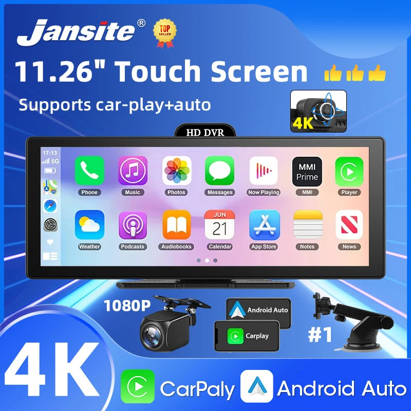 Jansite Portable 11.26 inch 4K DVR Wireless CarPlay and Android Auto Dash Cam Car Screen Video Recorder 5G WIFI Navigation