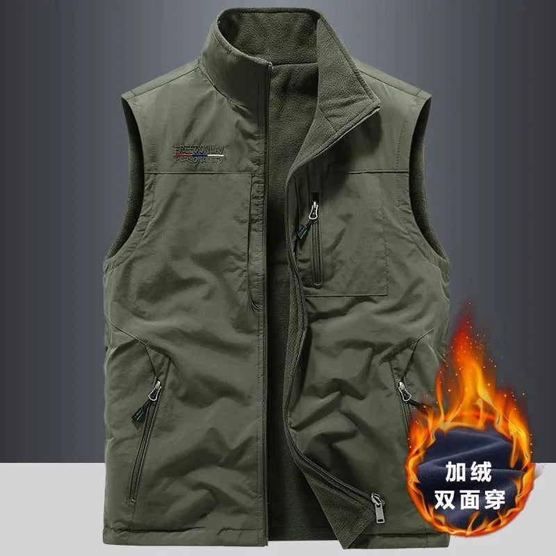 Gilet de sport d'extérieur en polaire épaisse pour homme, réversible, décontracté, coupe ample, fermeture éclair, couleur unie, automne-hiver