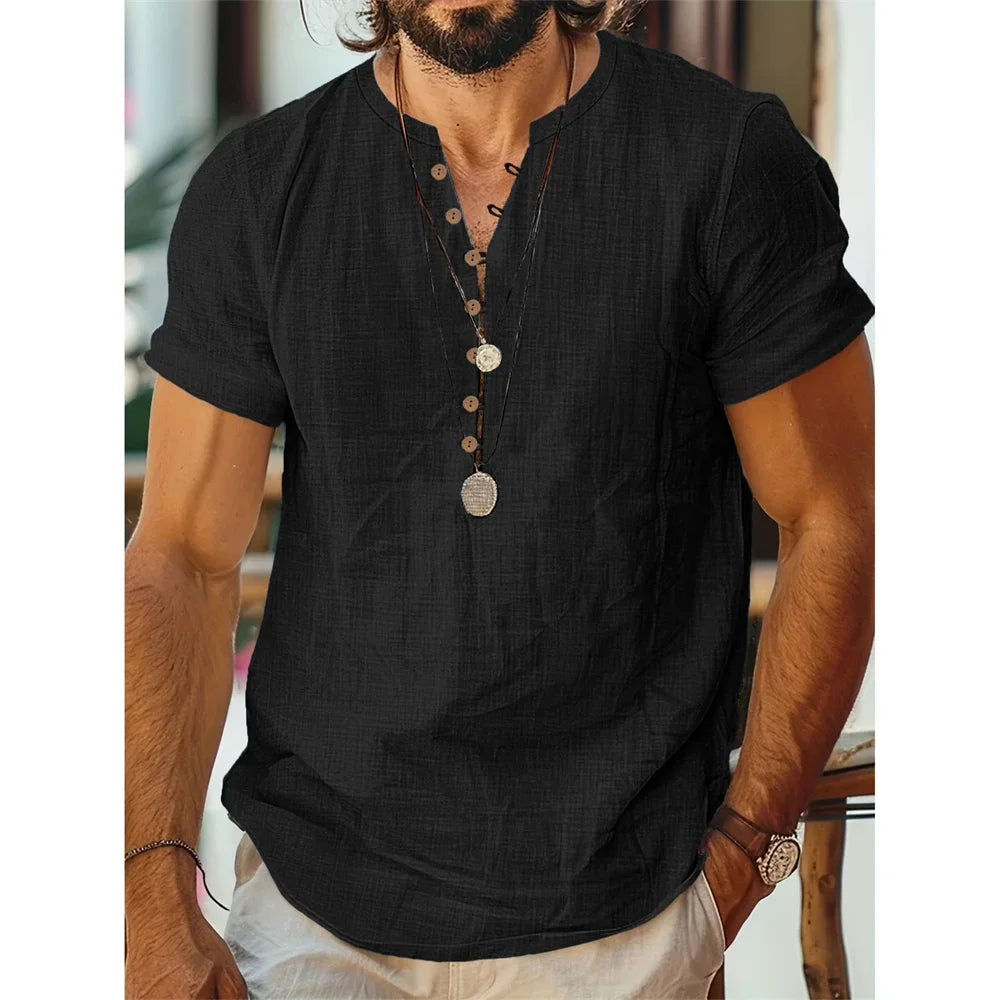 T-shirt manches courtes homme coton lin décontracté couleur unie demi bouton col rond respirant t-shirts d'été homme haut confortable