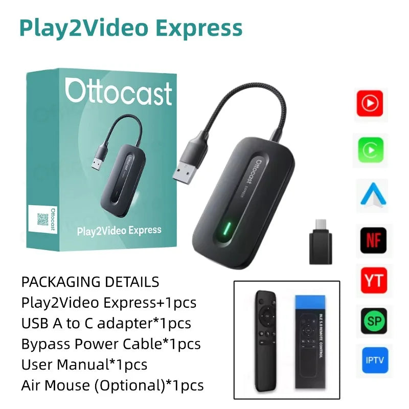 OTTOCAST Play2Video Ultra sans fil CarPlay et Android Auto AI Box intégré YouTube Netflix IPTV Plug & Play pour voiture filaire d'usine