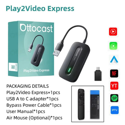 OTTOCAST Play2Video Ultra sans fil CarPlay et Android Auto AI Box intégré YouTube Netflix IPTV Plug & Play pour voiture filaire d'usine