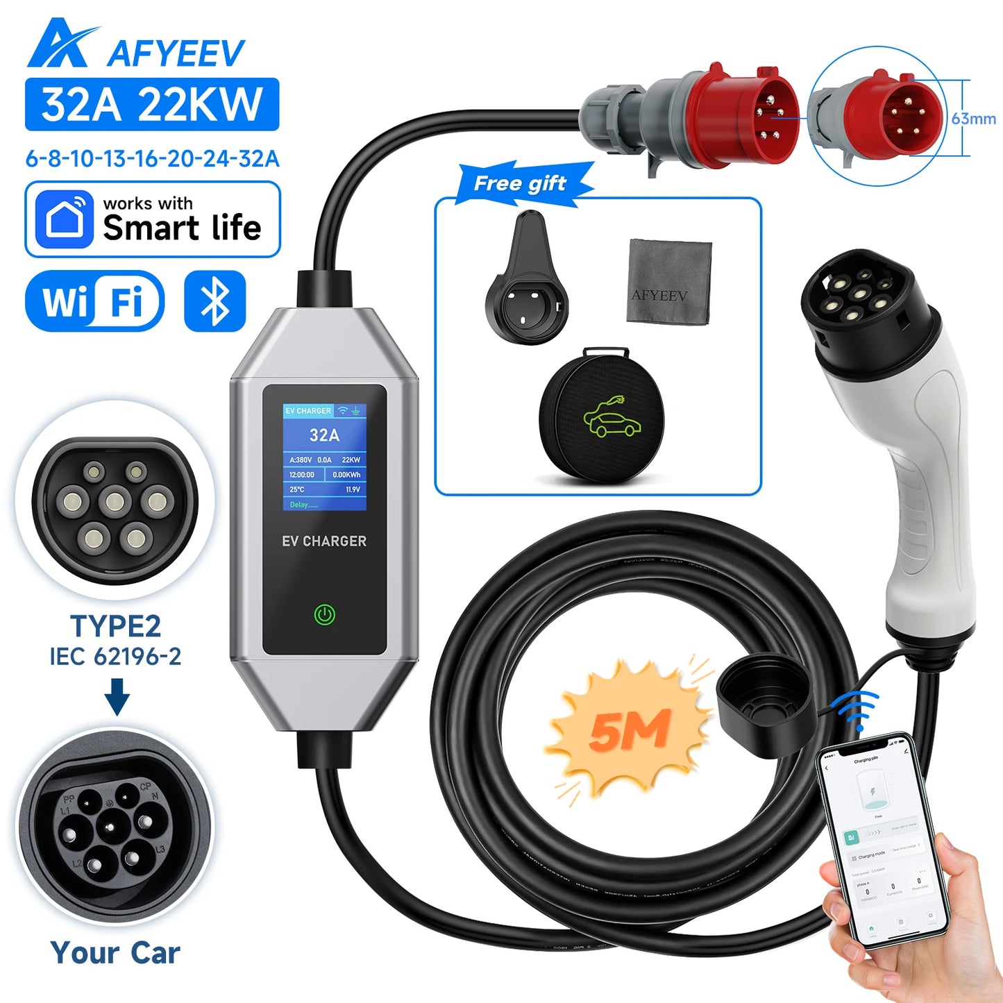 شاحن سيارات كهربائية محمول AFYEEV 22KW 32A 3 مراحل من النوع 2، مع تحكم عبر تطبيق Wi-Fi، صندوق شحن EVSE، محطة شحن لمركبات السيارات الكهربائية