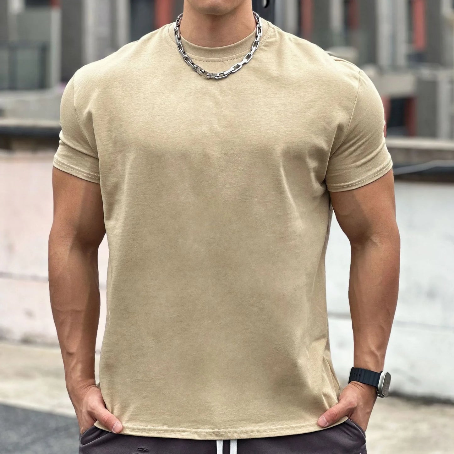 T-shirt de sport musculaire beige pour homme, manches courtes, coton élastique, fitness, basket-ball, course à pied, entraînement, gym, automne