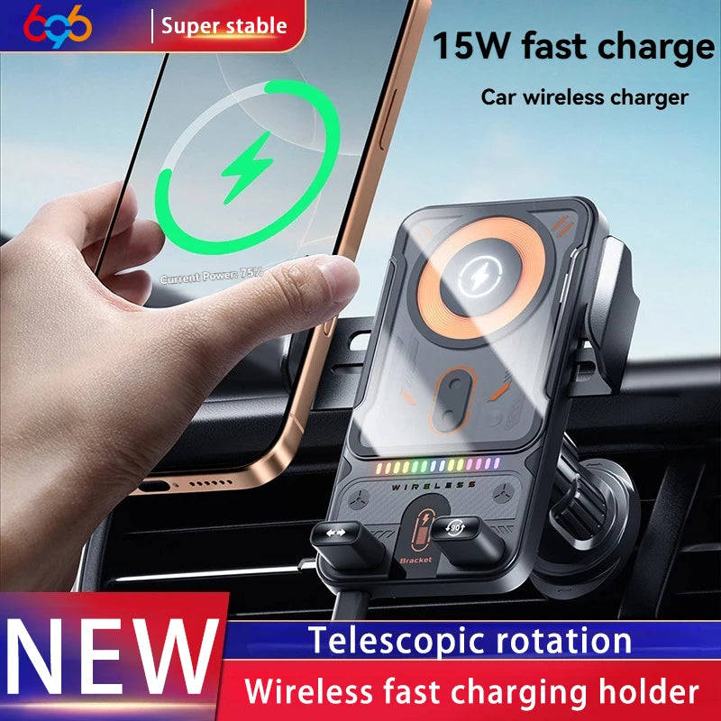 Support pour voiture avec double moteur, ouverture rotative électrique, fermeture, support pour téléphone portable, charge rapide sans fil 15W