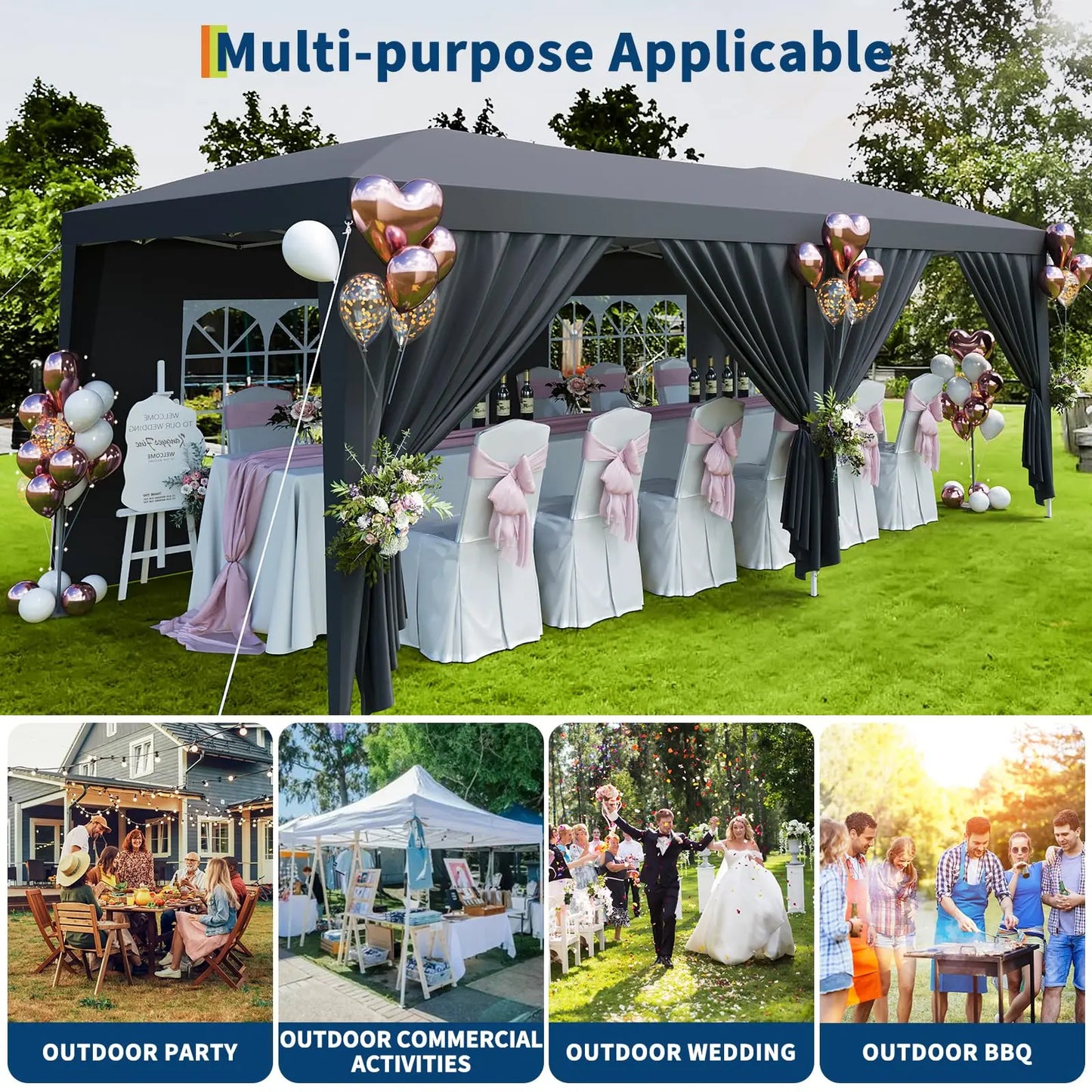 Tente de réception commerciale pliable 10x20, robuste, pour événements extérieurs, avec 6 parois latérales, imperméable, gazebo de fête et sac de transport