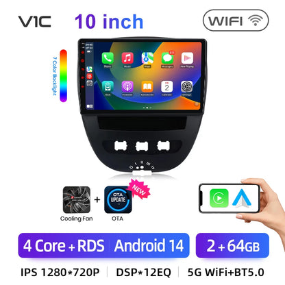 Junsun CarPlay sans fil pour Apple Auto autoradio stéréo pour Peugeot 107 Toyota Aygo citroën 2005-2014 GPS écran tactile multimédia
