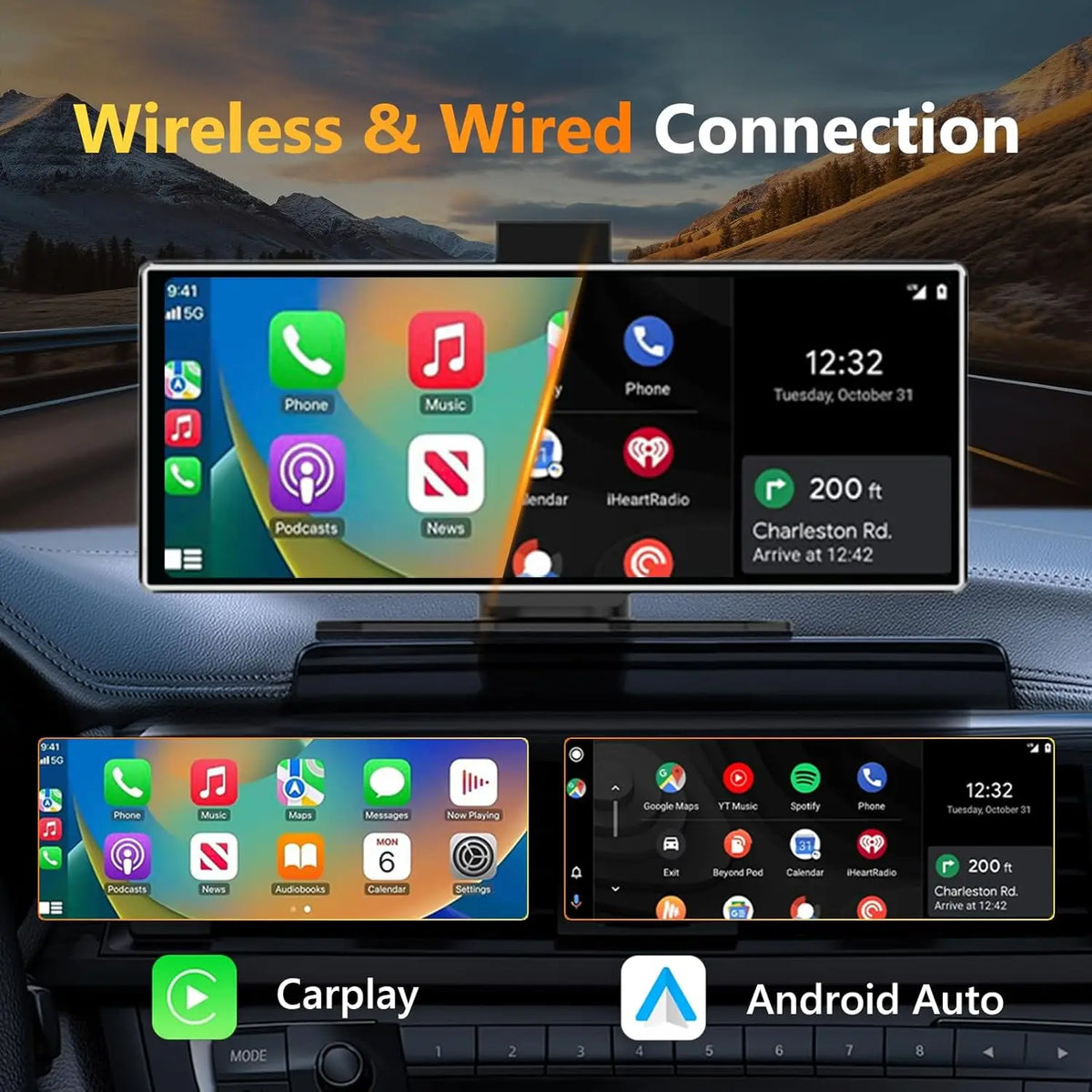 11.26 pouces Dash Cam 4K voiture DVR sans fil Carplay et Android Auto GPS Navigation enregistreur vidéo tableau de bord double objectif 5G Wifi FM AUX