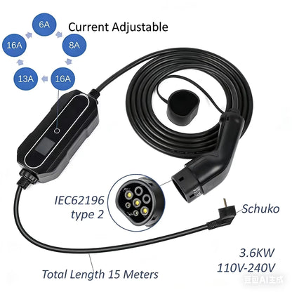 Chargeur de voiture électrique Type 2 Type 1 Mode 2 niveau 2 câble de chargement de voiture Portable EVSE EV 6A-16A-32A 5 mètres 10 mètres 15 mètres