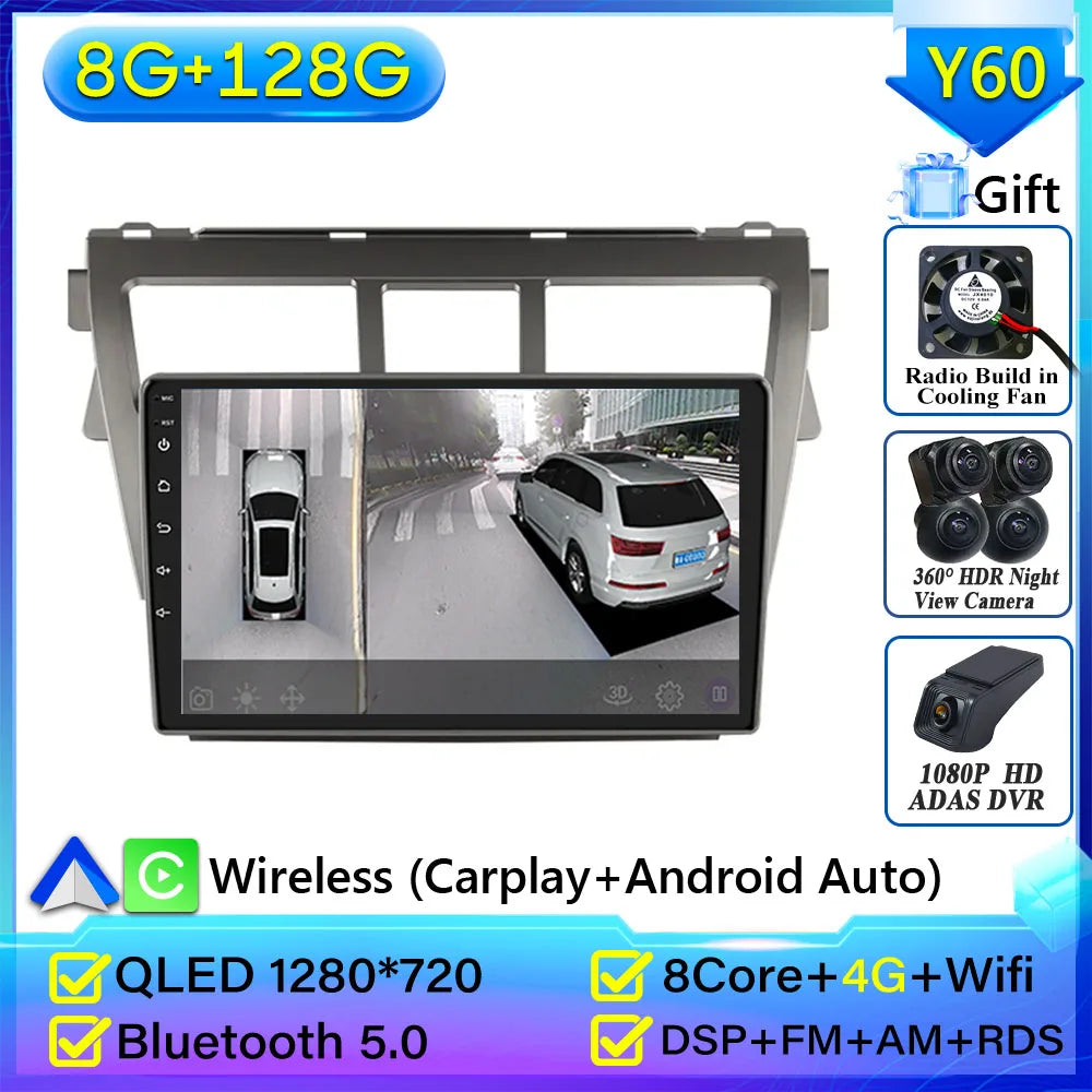 Pour Toyota VIOS Yaris 2007 2008 2009-2012 autoradio Android 15 Navigation vidéo GPS Android Auto Android 15 Carplay unité No 2din