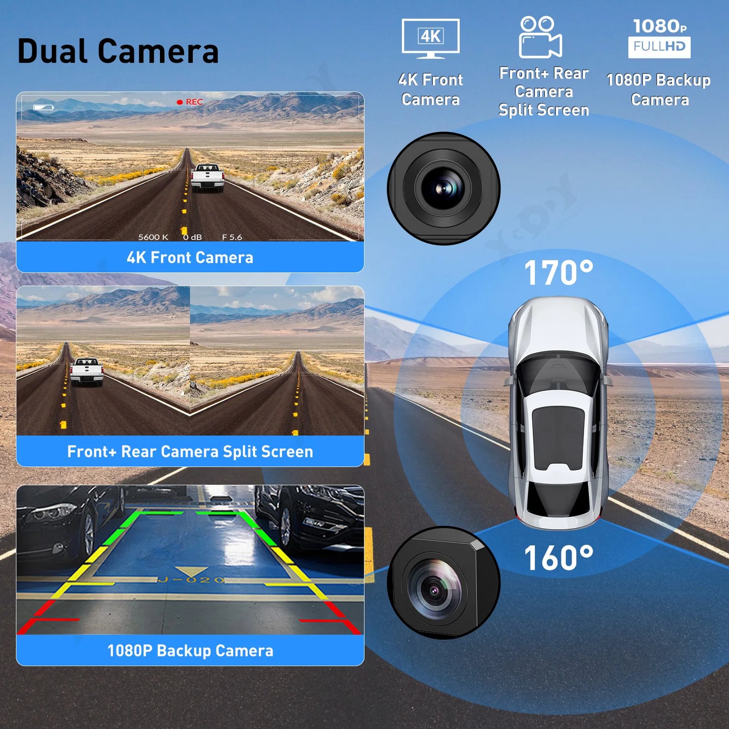 XGODY 11.3 "sans fil CarPlay et Android Auto Dash Cam ADAS 4K DVR Bluetooth Audio AUX GPS Navigation tableau de bord enregistreur vidéo