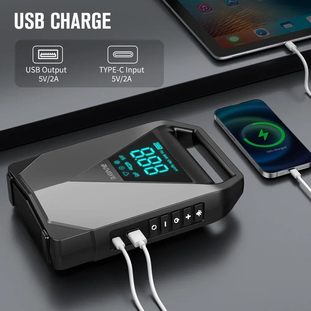 BUVAYE-Démarreur de compresseur d'air pour diabétique avec batterie externe, booster de batterie 2500A, démarreur de moteur 12V, pompe électrique 150PSI, gonfleur d'opathie