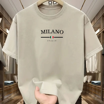 T-shirt à manches courtes et col rond pour hommes, 100% pur coton, à la mode, décontracté, ample, style italien, lettre Milan imprimée