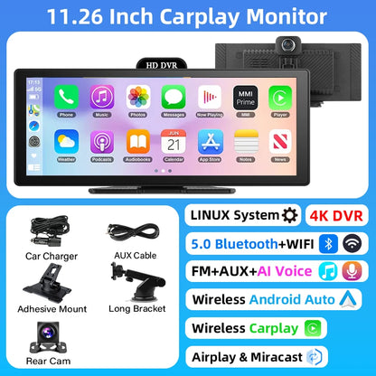 Jansite Portable 11.26 inch 4K DVR Wireless CarPlay and Android Auto Dash Cam Car Screen Video Recorder 5G WIFI Navigation