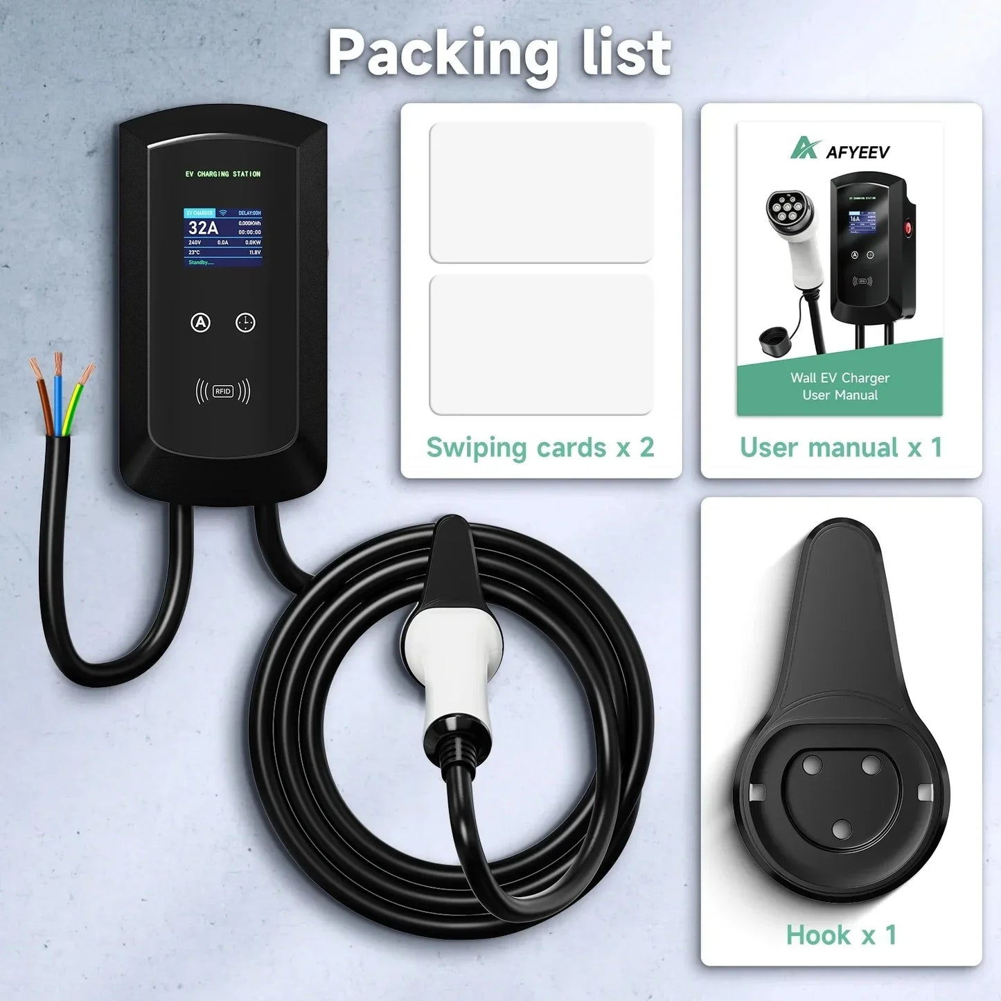 محطة شحن EV ثلاثية الأطوار AFEV 22KW 32A من النوع 2 IEC62196-2 شاحن سيارة كهربائية 7.6/11KW EVSE Wallbox WiFi APP للتحكم عن بعد