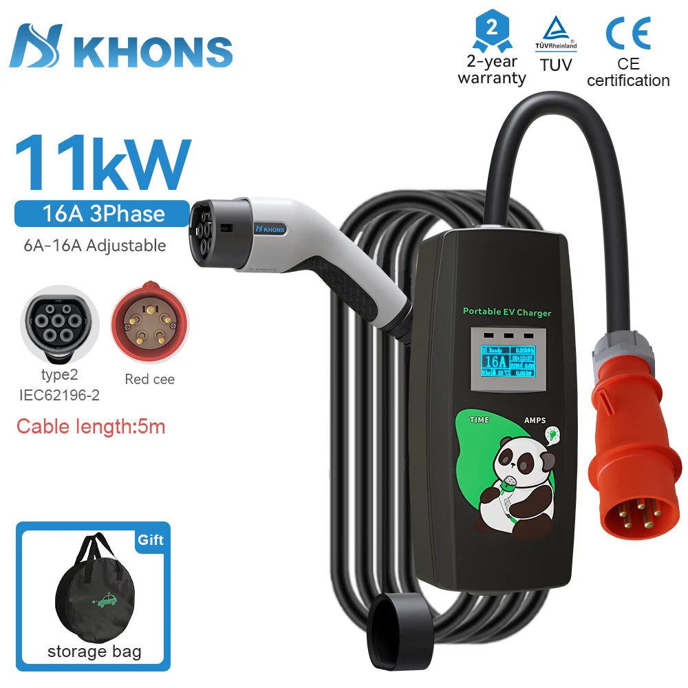 Khons 11kw chargeur de voiture électrique 3 phases 16A chargeur Portable Type2 EVSE boîte de charge prise Cee IEC62196 chargeur de voiture électrique