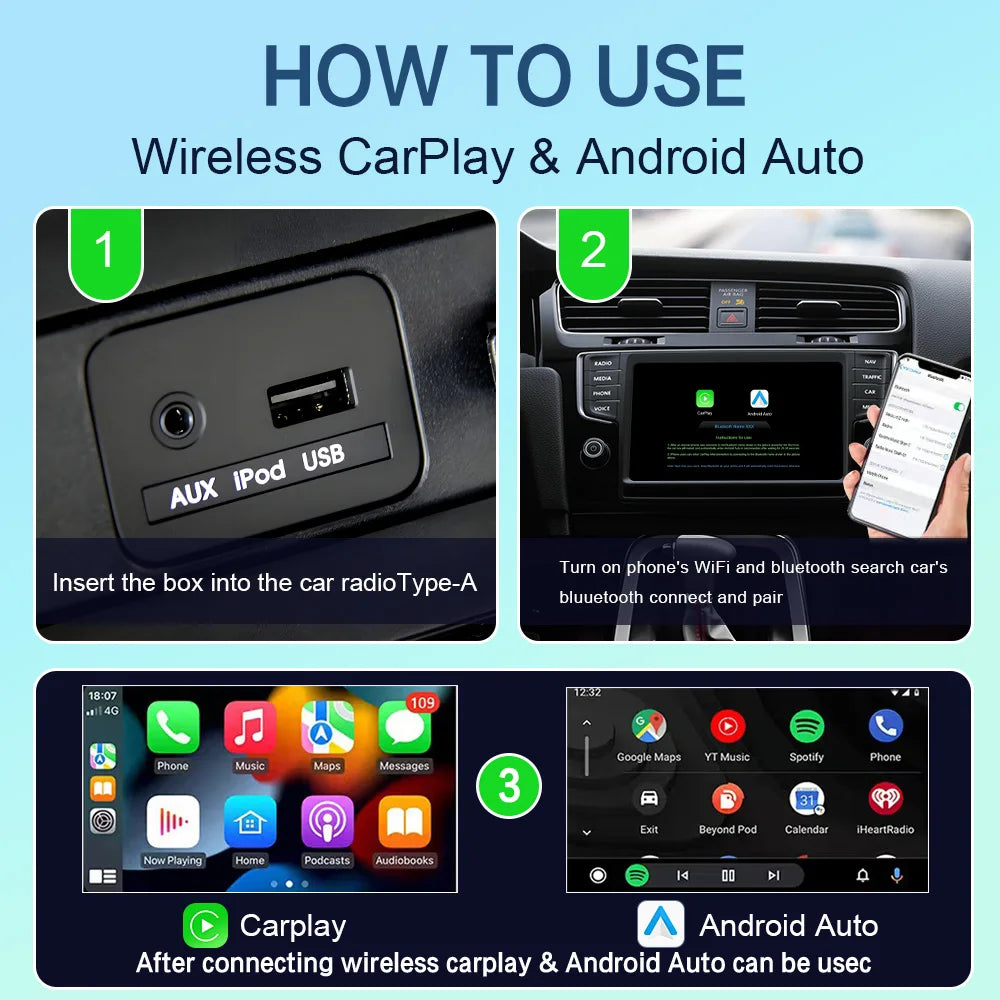 Adaptateur CarPlay Android Auto sans fil BYLITU Mini U8 convertit CarPlay filaire en sans fil Compatible avec la plupart des voitures Plug & Play