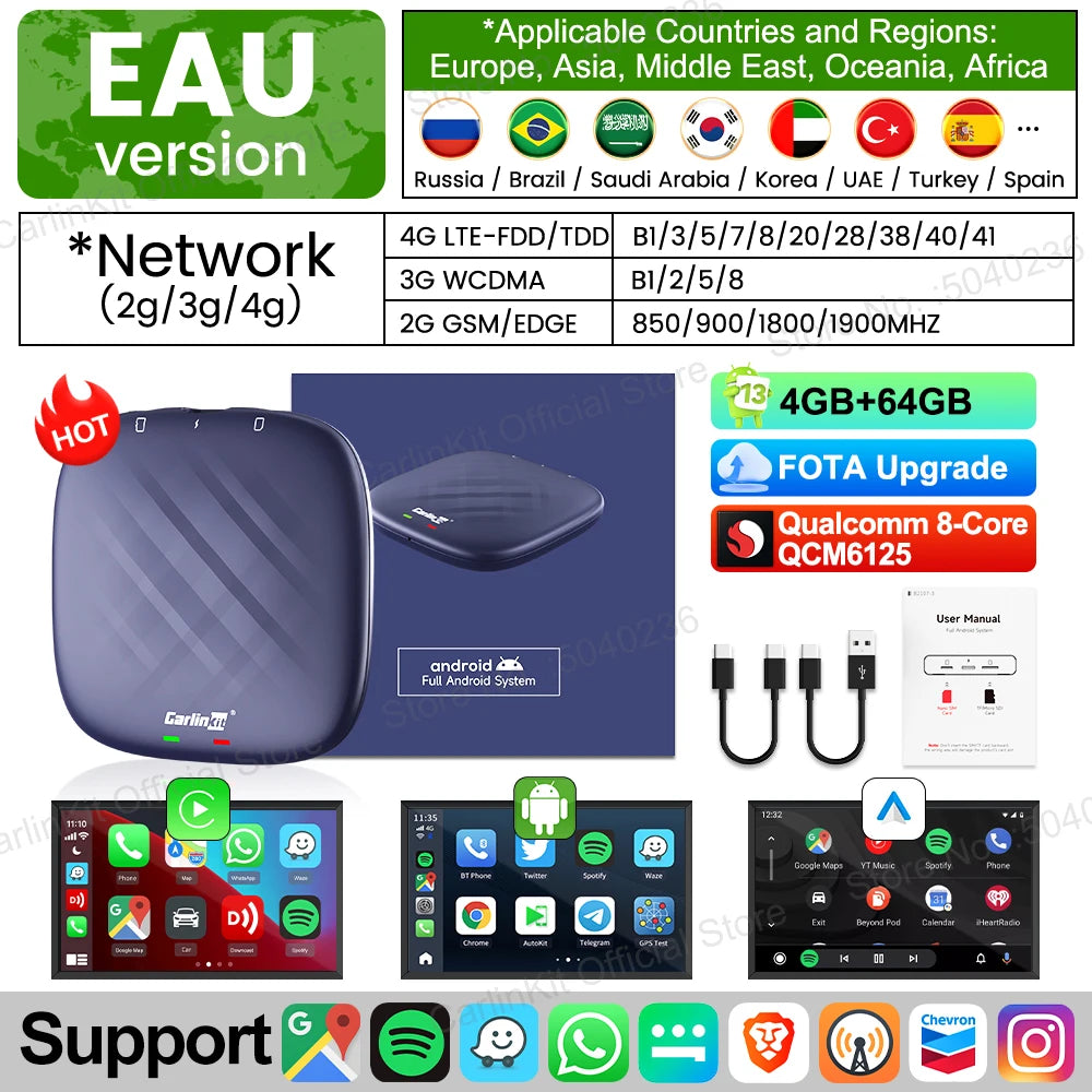 2026 NOUVEAU CarlinKit CarPlay Ai Box Qualcomm QCM6125 SM6225 CPU 8 cœurs Android 13 Carplay sans fil Android auto GPS 4G LTE pour voiture CarPlay filaire