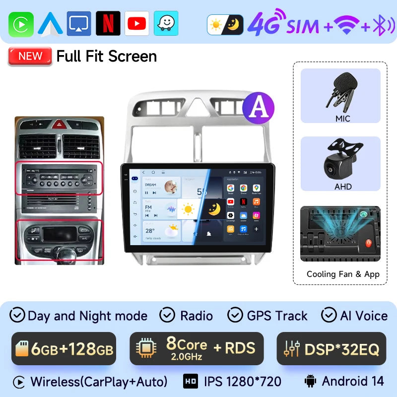 JIUYIN-Autoradio pour KIT 307, 307CC, 307SW, 2002-2013, CarPlay sans fil, Android Auto, systèmes intelligents de voiture, No 2 Din, DVD