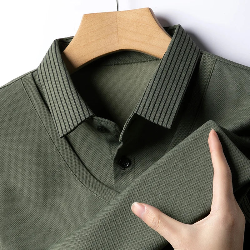 Polo à manches longues pour hommes, décontracté et à la mode, couleur unie, faux deux pièces, Business, toutes saisons, haut polyvalent, nouvelle collection 2025