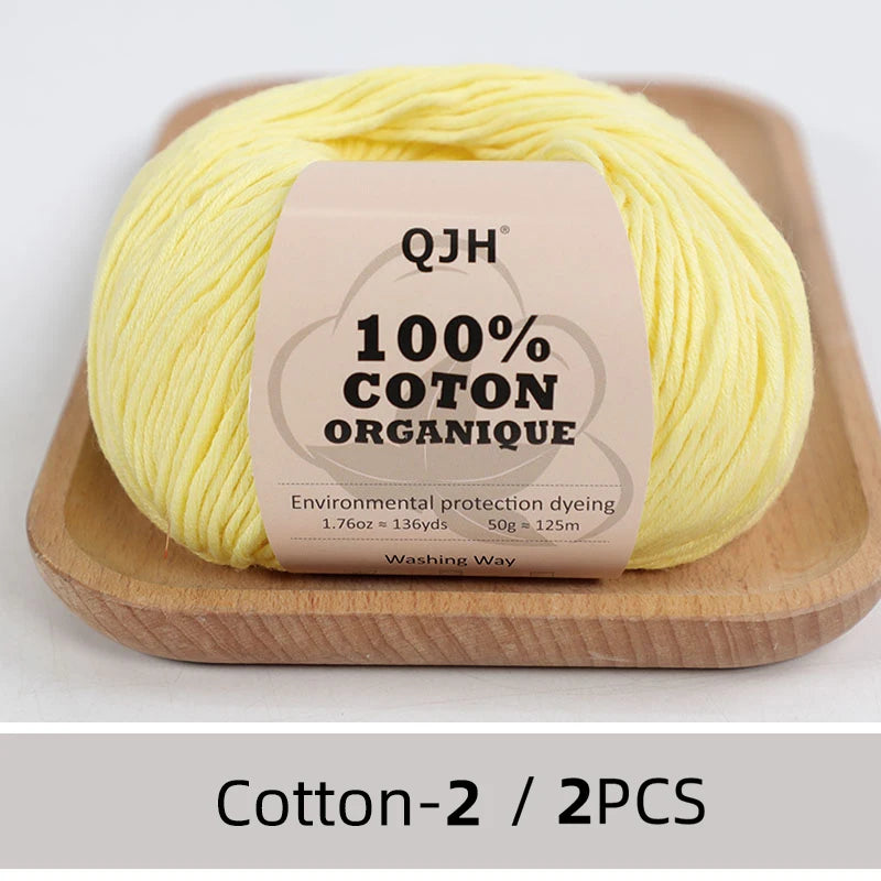 QJH Fil 100% coton biologique, fil pour tricoter, crochet et artisanat, paquet de 2 - 1,76 oz/136 mètres/1 pièce, léger, Dk