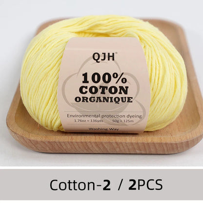 QJH Fil 100% coton biologique, fil pour tricoter, crochet et artisanat, paquet de 2 - 1,76 oz/136 mètres/1 pièce, léger, Dk