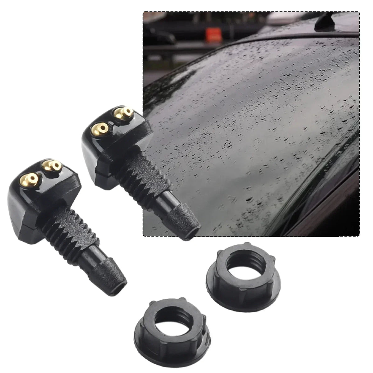 Vente Buse de pulvérisation d'essuie-glace de pare-brise de voiture, 2 pièces, convient à la plupart des modèles de voiture, buse de lavage de pare-brise à double trous, pulvérisation d'eau