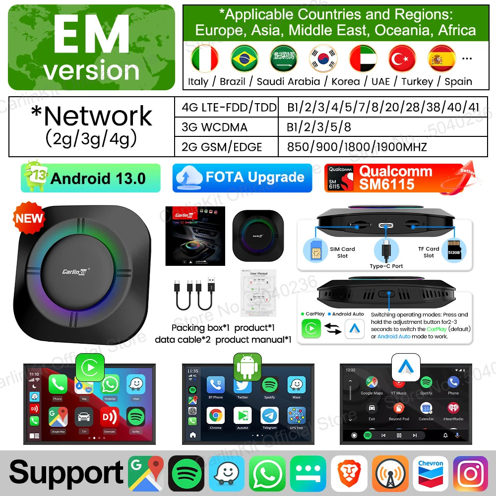 CarlinKit-Smart CarPlay Ai Box, Android 13, prend en charge Netflix, écran partagé prometteur, sans fil, Auto et CarPlay, Smart TV Box, 2026