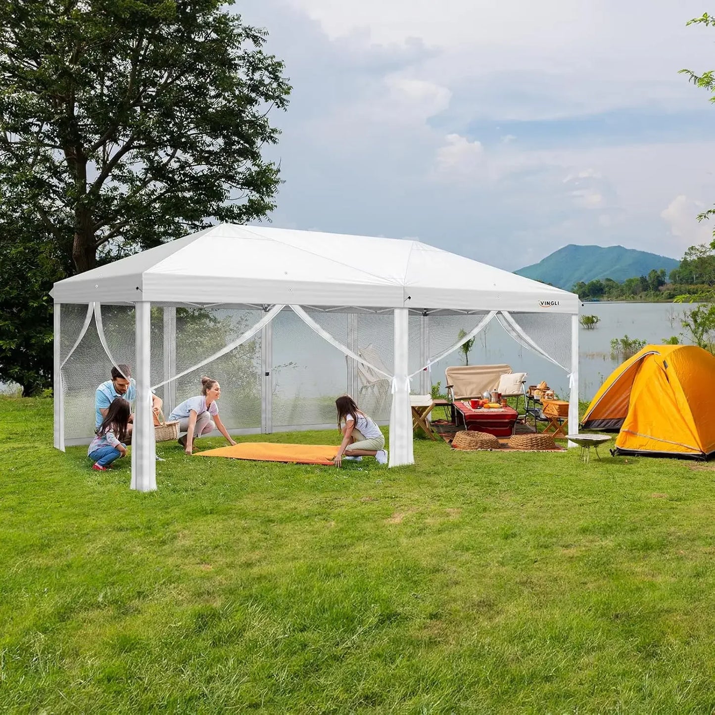Tonnelle escamotable 10x20 avec parois latérales, sac de transport, tente facile à monter avec moustiquaires, gazebo zippé pour le camping, tonnelle zippée
