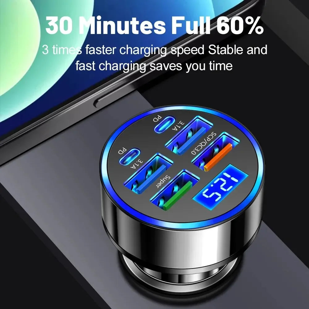 Chargeur de voiture à charge rapide, 66-250W, PD, QC3.0, une à six voitures, prise allume-cigare Laguna, charge flash avec affichage numérique