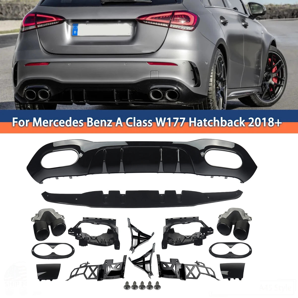 Lèvre de diffuseur de pare-chocs arrière de Style A45 A35 avec embouts d'échappement pour Mercedes Benz W177 A160 A180 A200 A220 A250 hayon 2019 +