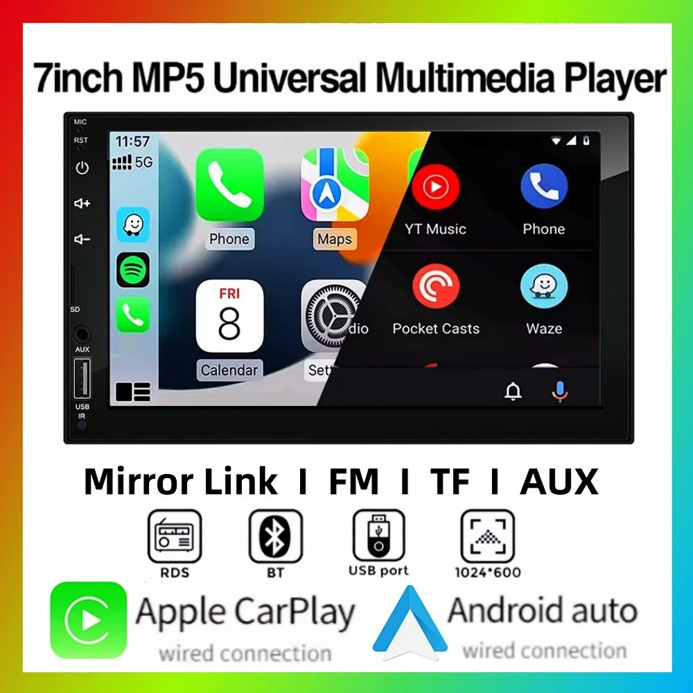 2DIN 7 pouces voiture multimédia MP5 lecteur vidéo filaire CarPlay Android Auto Mirrorlink écran tactile FM AUX Bluetooth USB charge rapide