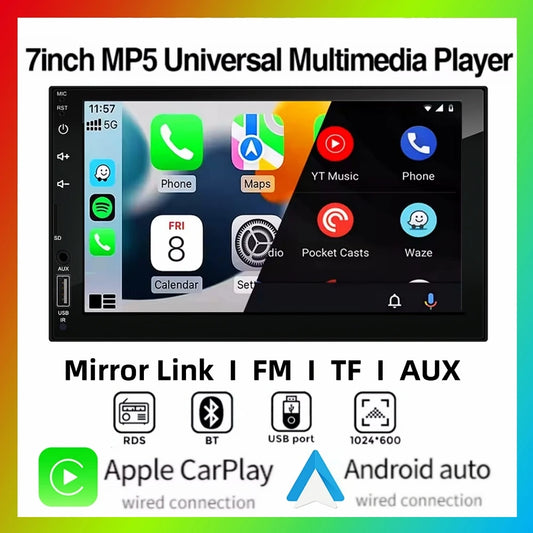 2DIN 7 pouces voiture multimédia MP5 lecteur vidéo filaire CarPlay Android Auto Mirrorlink écran tactile FM AUX Bluetooth USB charge rapide
