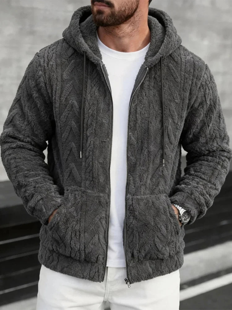 Sweat à capuche en polaire pour homme, vêtements de loisirs quotidiens, mode printemps 2026, couleur unie, veste à capuche en fourrure, cardigan décontracté en tricot ample pour homme