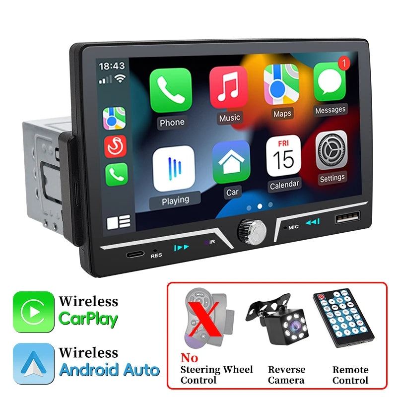 Hippcron autoradio 1 Din sans fil Android Auto Carplay MP5 stéréo 7 "écran IPS Bluetooth lien miroir type-c charge universelle