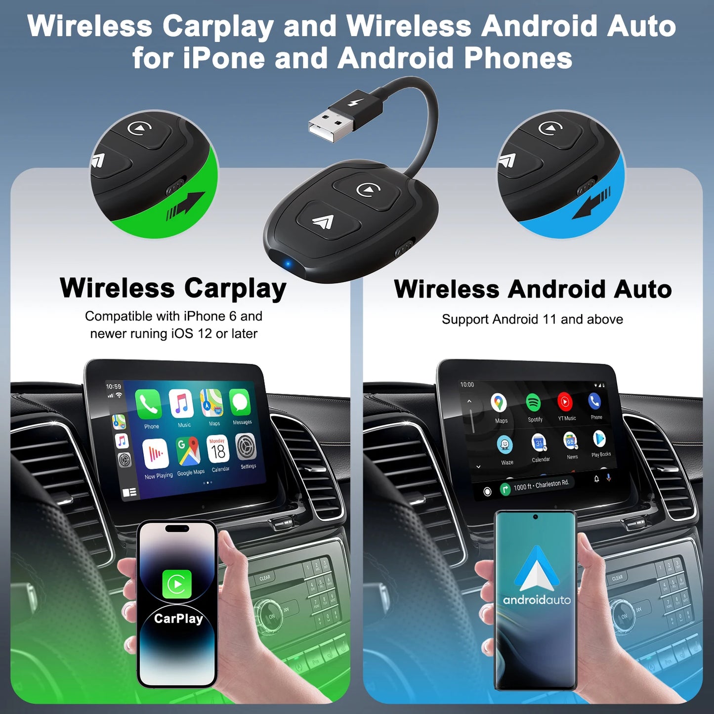 Adaptateur sans fil Android Auto et Apple CarPlay 2 en 1, adaptateur sans fil 5,8 GHz pour voitures CarPlay filaires en usine
