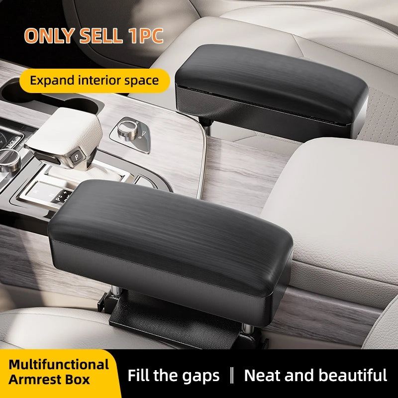 Accoudoir de siège auto - Boîte de rangement réglable pour voiture, en cuir PU motif bois, avec plaque de fixation ABS et piliers de support métalliques