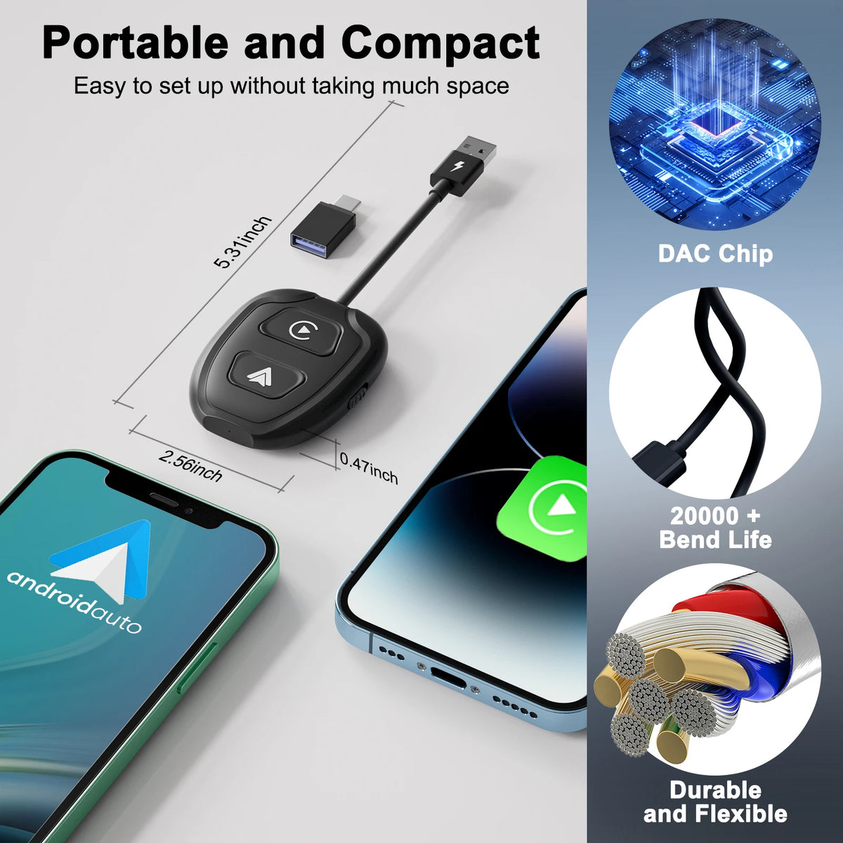 Adaptateur sans fil Android Auto et Apple CarPlay 2 en 1, adaptateur sans fil 5,8 GHz pour voitures CarPlay filaires en usine