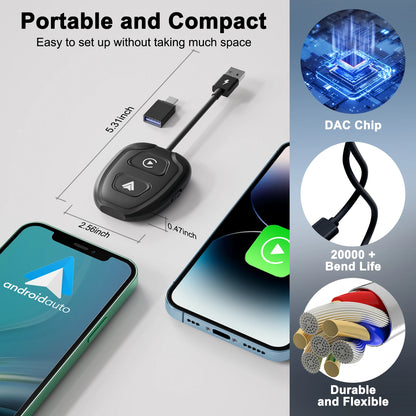 Adaptateur sans fil Android Auto et Apple CarPlay 2 en 1, adaptateur sans fil 5,8 GHz pour voitures CarPlay filaires en usine