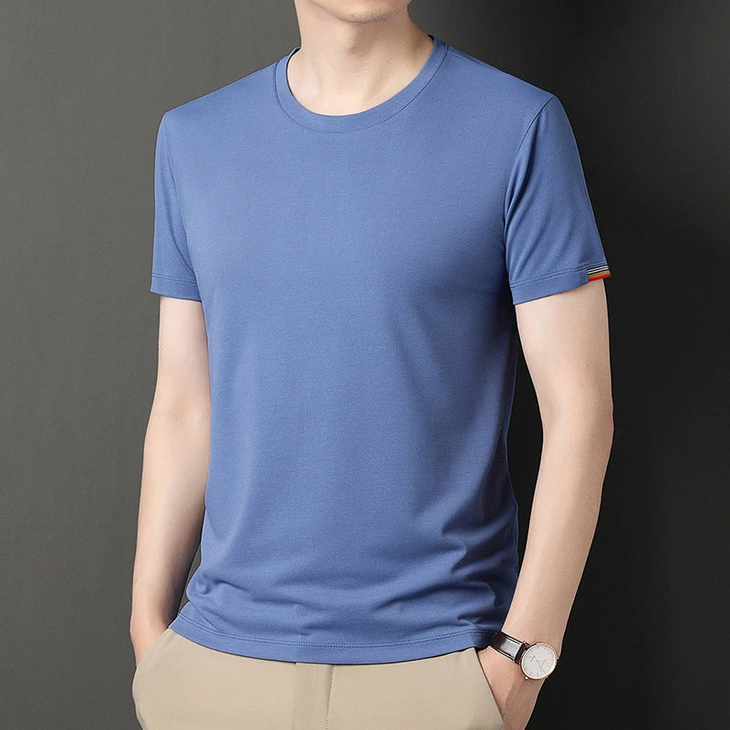 T-shirt à Manches Courtes pour Homme, Col Rond, Solide, avec Poignets Brodés, à la Mode, Confortable, Respirant et artificiel astique