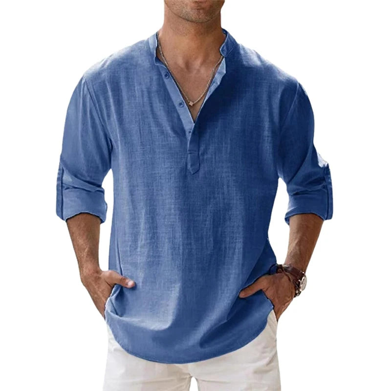 Nouvelles chemises en coton et lin pour hommes chemises décontractées légères à manches longues chemises de plage Henley t-shirts hawaïens pour hommes