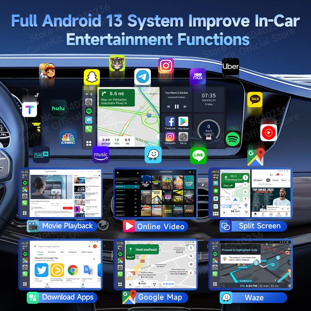 2025 CarlinKit 3 en 1 Android 13 Mini CarPlay Ai Box Android Auto Sans Fil CarPlay Box QCM6125 6225 8-Core Intégré Netflix Google Play Store Prise en charge de la carte SD 512 Go Car Smart TV Box pour voitures Android