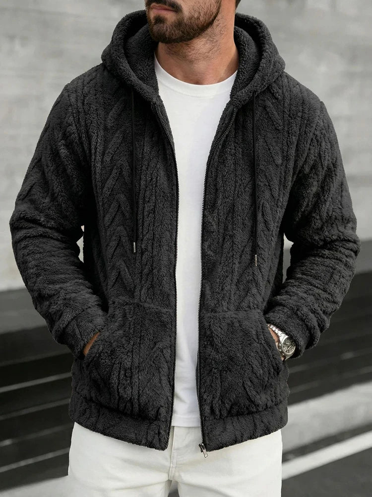 Sweat à capuche en polaire pour homme, vêtements de loisirs quotidiens, mode printemps 2026, couleur unie, veste à capuche en fourrure, cardigan décontracté en tricot ample pour homme