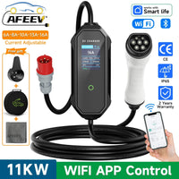 AFEEV شاحن EV محمول من النوع 2 بقوة 11 كيلو واط 16 أمبير، صندوق حائط ثلاثي الأطوار IEC62196-2 EVSE، كابل شحن سريع، قابس CEE، تحكم بتطبيق WIFI وبلوتوث