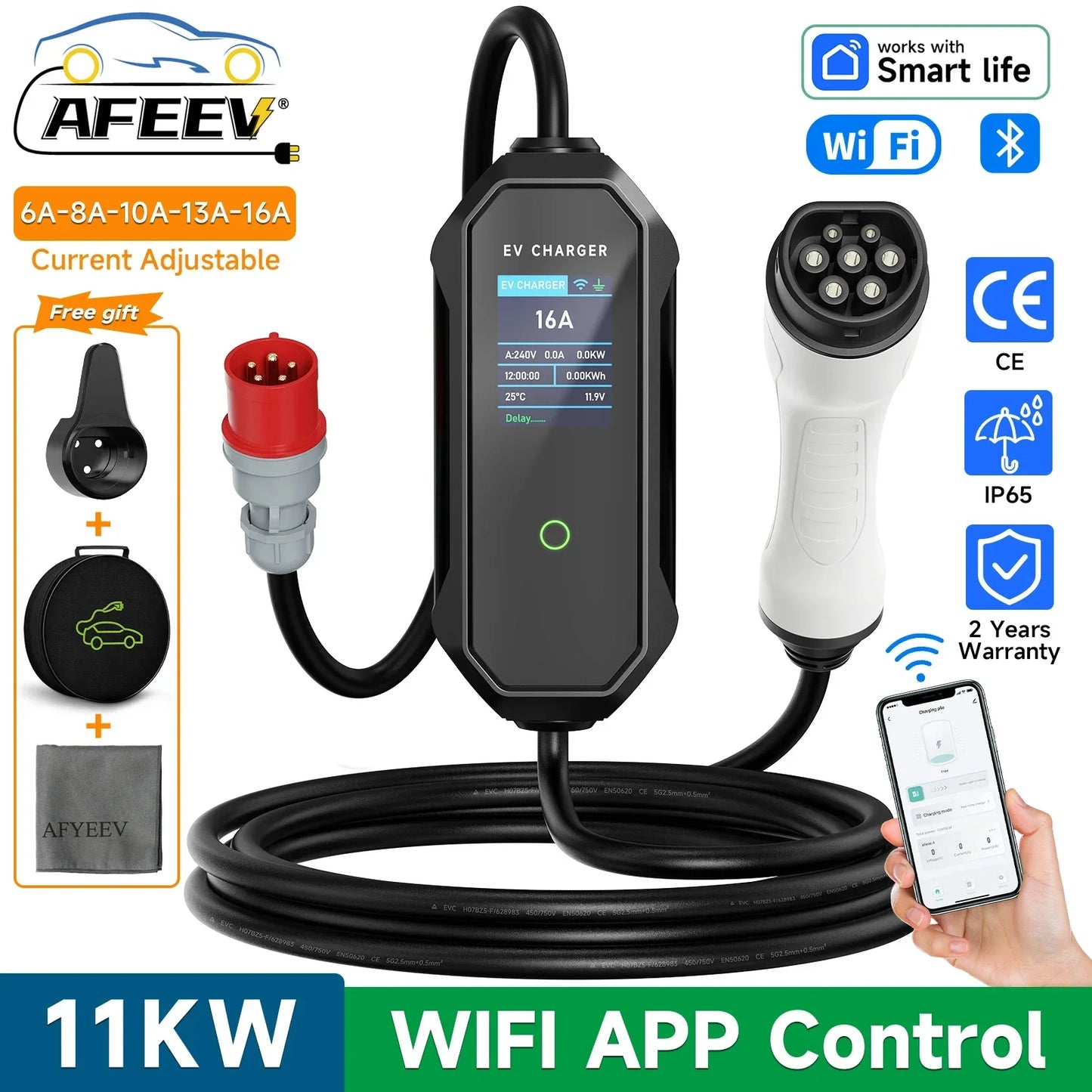AFEEV شاحن EV محمول من النوع 2 بقوة 11 كيلو واط 16 أمبير، صندوق حائط ثلاثي الأطوار IEC62196-2 EVSE، كابل شحن سريع، قابس CEE، تحكم بتطبيق WIFI وبلوتوث