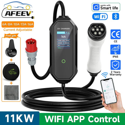AFEEV شاحن EV محمول من النوع 2 بقوة 11 كيلو واط 16 أمبير، صندوق حائط ثلاثي الأطوار IEC62196-2 EVSE، كابل شحن سريع، قابس CEE، تحكم بتطبيق WIFI وبلوتوث