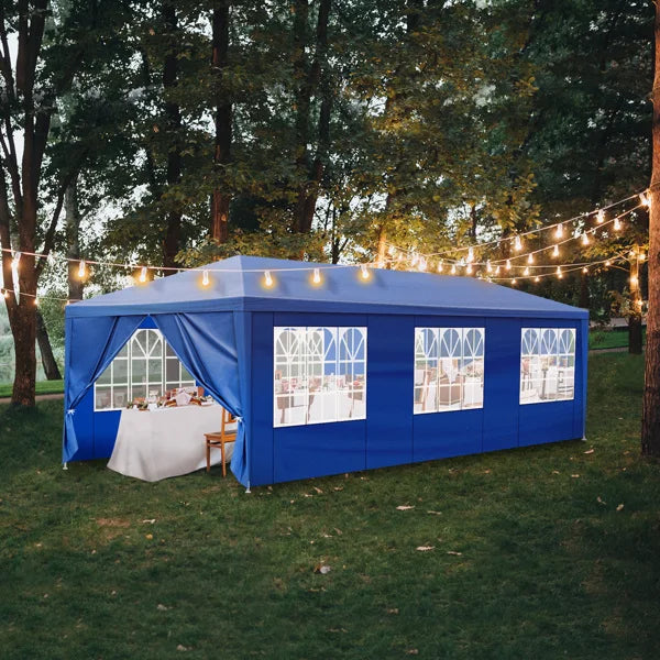 Tente de réception extérieure bleue 10x30 pieds (900x300 cm) en tissu PE imperméable avec structure en acier et 8 parois latérales amovibles avec fenêtres, capacité 50 personnes
