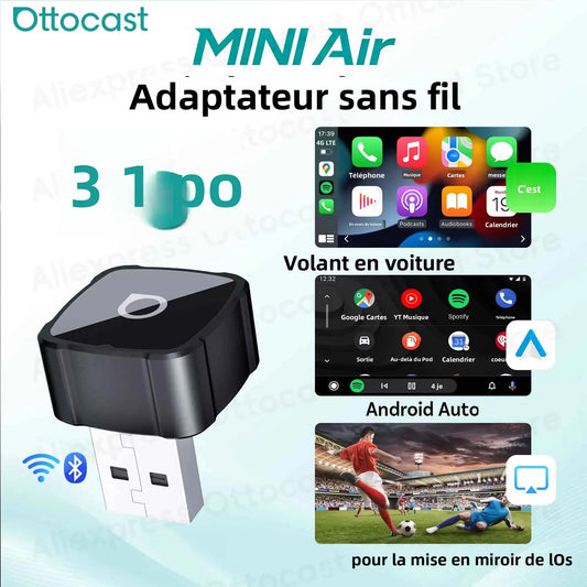 Adaptateur Cube 3-en-1 OTTOCAST Express MINI AIR 4.0 sans fil CarPlay Android Auto pour iOS, Mise en Miroir d'Écran, Accessoires Auto 2026