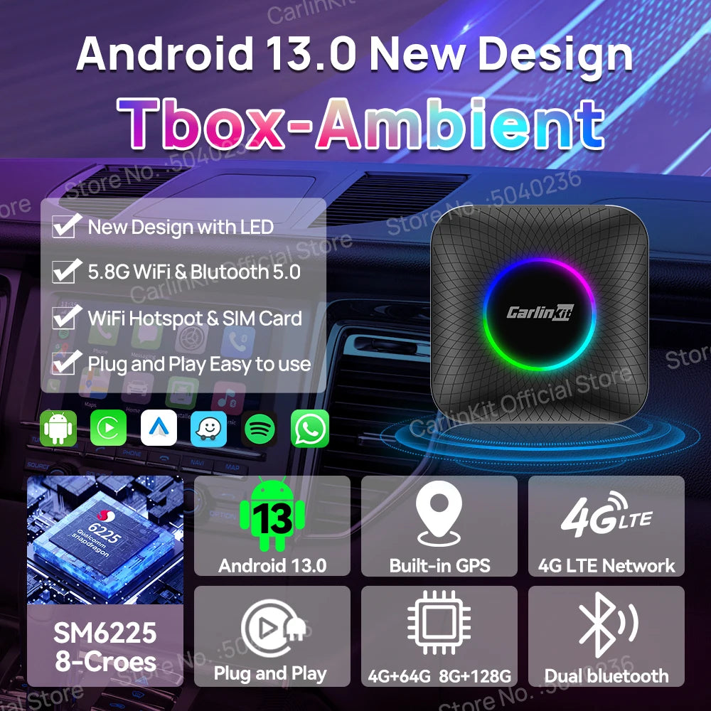 2026 NOUVEAU CarlinKit Android 13 TV Box LED 8 Go + 128 Go SM6225 8-Core CarPlay sans fil Android Auto Adaptateur USB sans fil Prise en charge Netflix IPTV YouTube Tiktok Spotify GPS 4 Go + 64 Go
