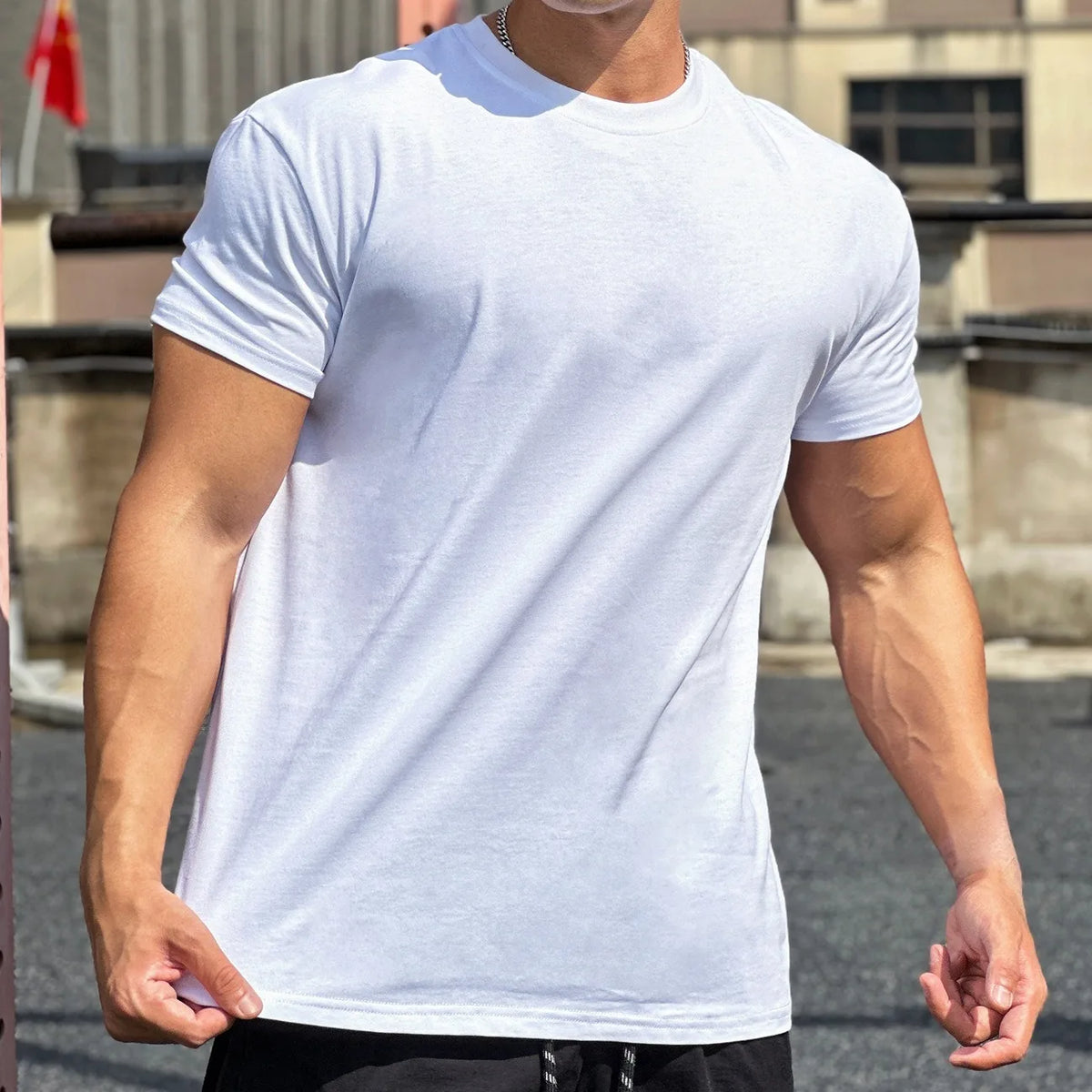 T-shirt de sport musculaire à manches courtes pour hommes, blanc, coton, fitness, basket-ball, course à pied, entraînement, élastique, automne