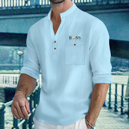 Chemises légères pour hommes, manches longues, en coton et lin, Henley, pour la plage, hawaïen, col en v, polo respirant